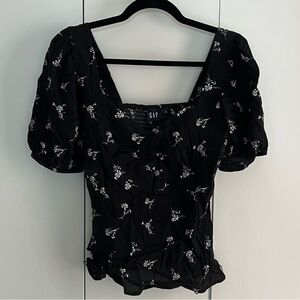 GAP Black Floral Square Neck Puff Sleeve Blouse